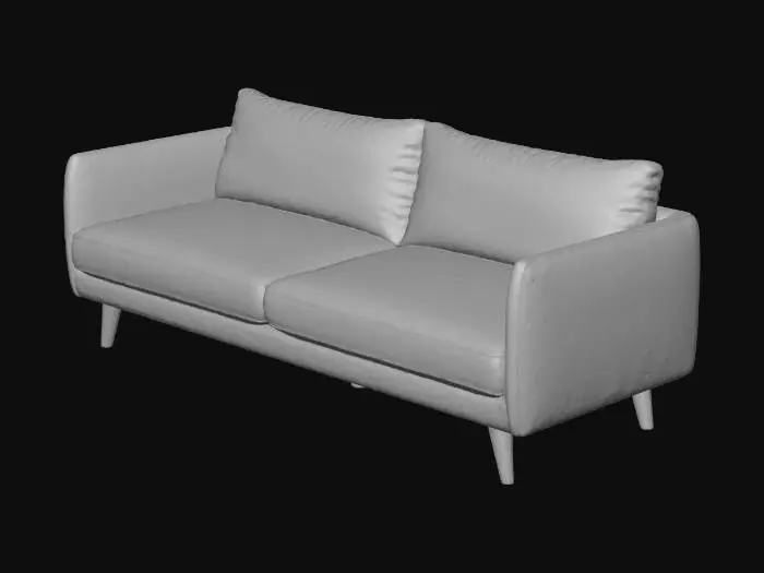 3D model for 一个北欧极简风格的淡绿色沙发，线条流畅简洁，坐垫和靠背饱满而平整，呈现出一种舒适而低调的优雅。沙发面料是带有细腻纹理的亚麻或棉麻混纺，触感柔软而亲肤，颜色为柔和的淡绿色，散发出宁静的自然气息。支撑沙发的四条腿由浅色实木制成，通常是圆柱形或锥形，表面打磨光滑，展现出木材的天然纹理和温暖质感，整体造型轻盈而稳固。