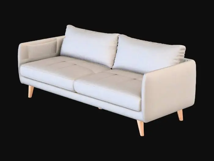 3D model for 一个北欧极简风格的淡绿色沙发，线条流畅简洁，坐垫和靠背饱满而平整，呈现出一种舒适而低调的优雅。沙发面料是带有细腻纹理的亚麻或棉麻混纺，触感柔软而亲肤，颜色为柔和的淡绿色，散发出宁静的自然气息。支撑沙发的四条腿由浅色实木制成，通常是圆柱形或锥形，表面打磨光滑，展现出木材的天然纹理和温暖质感，整体造型轻盈而稳固。