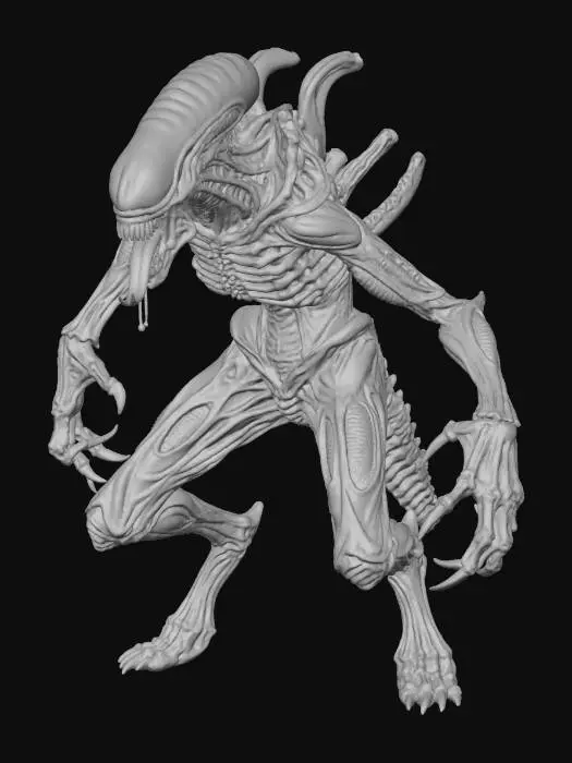 3D model for 超写实风格的怪物,全身形象,参考《异形》中的怪物角色,长舌头,尖锐牙齿,材质细腻,极致细节,灰色背景,进攻姿态