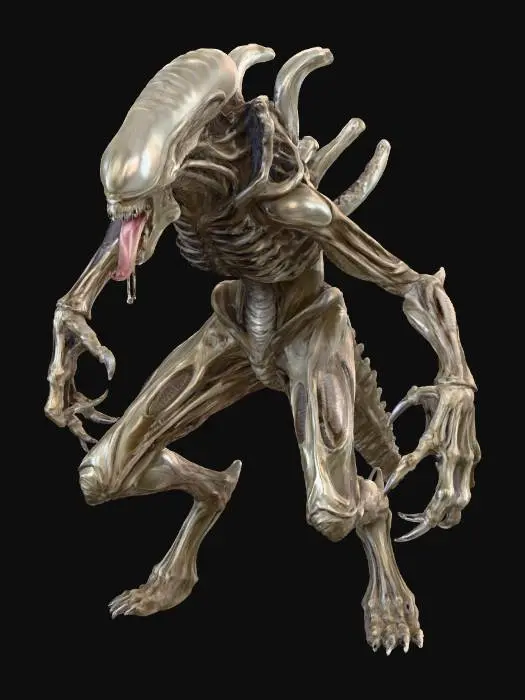 3D model for 超写实风格的怪物,全身形象,参考《异形》中的怪物角色,长舌头,尖锐牙齿,材质细腻,极致细节,灰色背景,进攻姿态