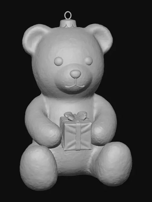 3D model for 一个闪亮的圣诞装饰小熊玩偶，表面覆盖着一层细密的银色或金色亮片，在灯光下熠熠生辉，触感略带粗糙但不扎手。小熊的形态简洁，通常是站立或端坐姿态，眼睛和鼻子由黑色光面塑料或刺绣勾勒。它可能手持一个迷你圣诞礼物盒或糖果手杖，为节日增添华丽氛围。