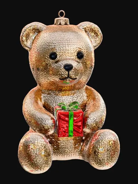 3D model for 一个闪亮的圣诞装饰小熊玩偶，表面覆盖着一层细密的银色或金色亮片，在灯光下熠熠生辉，触感略带粗糙但不扎手。小熊的形态简洁，通常是站立或端坐姿态，眼睛和鼻子由黑色光面塑料或刺绣勾勒。它可能手持一个迷你圣诞礼物盒或糖果手杖，为节日增添华丽氛围。