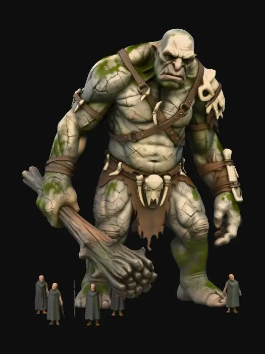3D model for A massive mountain troll, full body, towering over humans, thick stone-like skin with cracks and moss, heavy bones and brutal proportions, primitive leather armor, carrying a giant wooden club, slow and menacing posture, realistic weight and gravity, overcast mountain environment, cinematic fantasy realism, The Lord of the Rings movie style