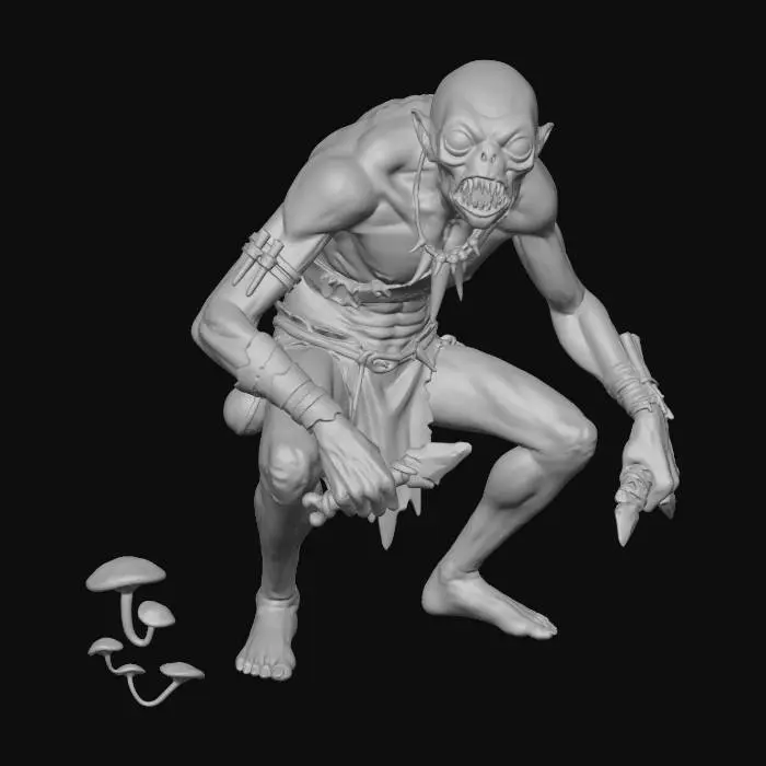 3D model for A subterranean humanoid creature adapted to darkness, full body, pale translucent skin, elongated limbs, hunched posture, oversized eyes, thin sharp teeth, wearing crude stone and bone tools, realistic evolutionary design, grounded fantasy biology, damp cave environment, cinematic realism, inspired by The Lord of the Rings