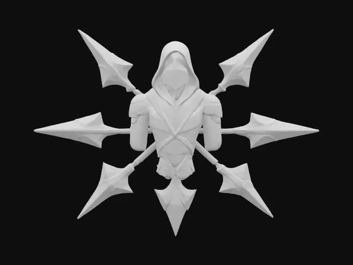 3D model for The object features a symmetric design with a hooded figure and crossed arrows, exhibiting sharp geometric lines, a emblem to a faction class of cybernetic rangers.  #emblem#