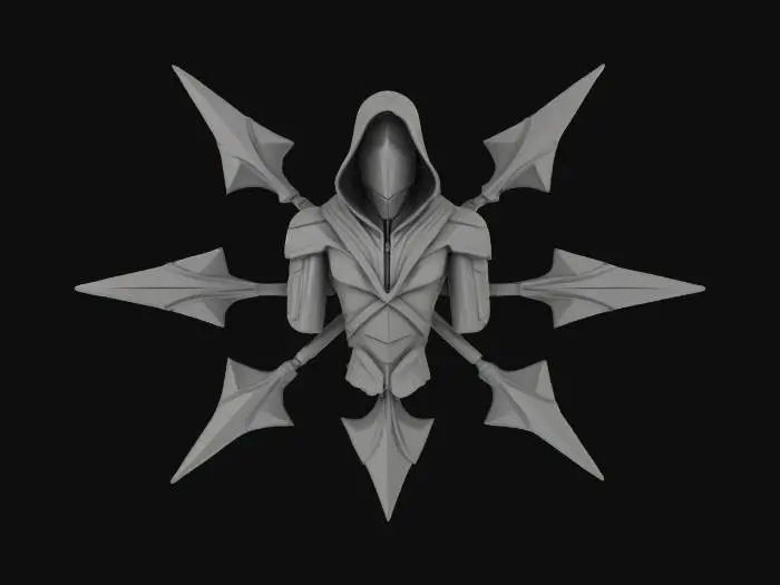 3D model for The object features a symmetric design with a hooded figure and crossed arrows, exhibiting sharp geometric lines, a emblem to a faction class of cybernetic rangers.  #emblem#