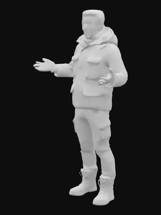 3D model for Low-poly 3D character of a mountain search and rescue volunteer. Wearing a red rescue jacket with reflective stripes, yellow helmet with a headlamp, rugged hiking boots, and a small radio on the chest. Friendly, cartoon-style proportions. Designed for a Unity game. Arms and legs in T-pose. Stylized and optimized for mobile game performance.