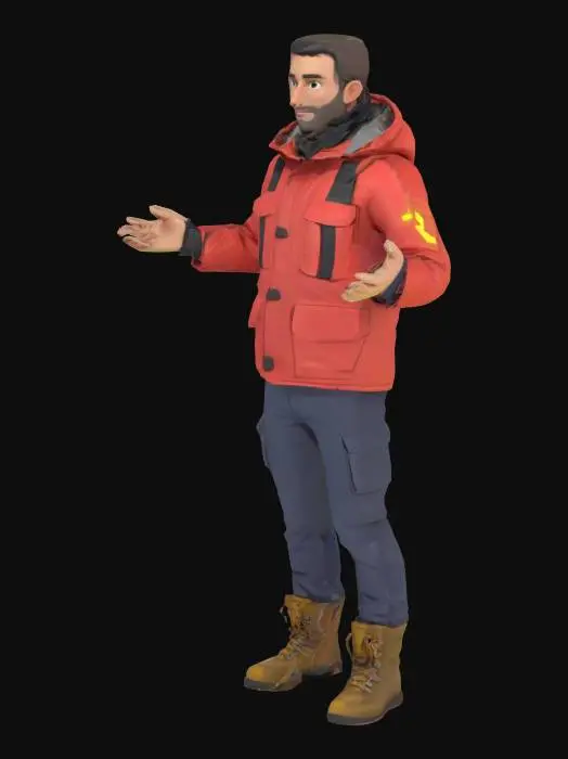 3D model for Low-poly 3D character of a mountain search and rescue volunteer. Wearing a red rescue jacket with reflective stripes, yellow helmet with a headlamp, rugged hiking boots, and a small radio on the chest. Friendly, cartoon-style proportions. Designed for a Unity game. Arms and legs in T-pose. Stylized and optimized for mobile game performance.