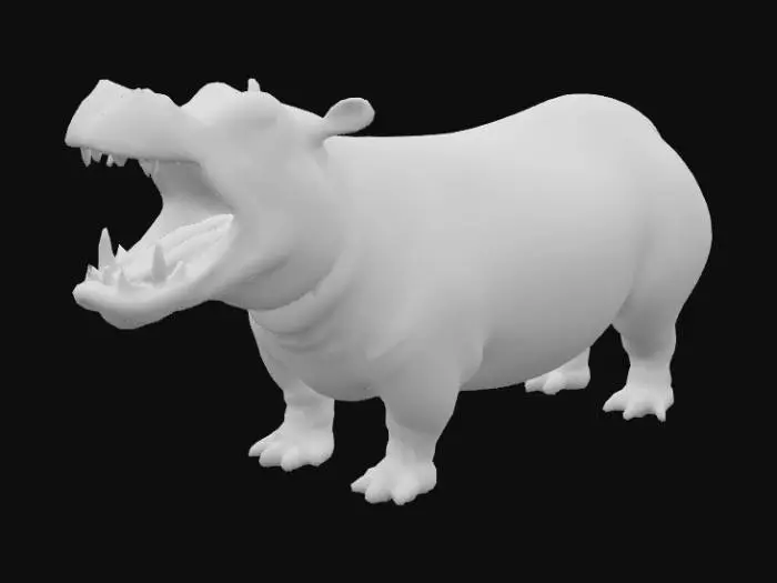 3D model for a highly detailed hippopotamus standing on all four legs with its mouth open very wide