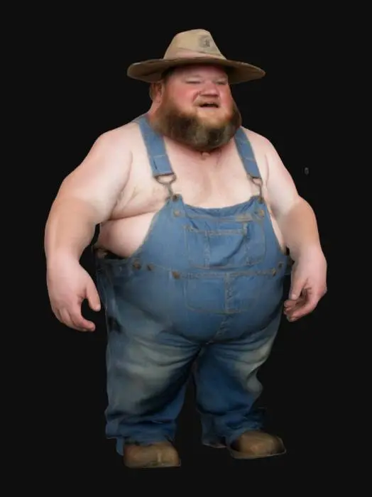 3D model for a short obese hillbilly with his hands out and down to the sides wearing overalls, no shirt, and an old truckers hat with a beard