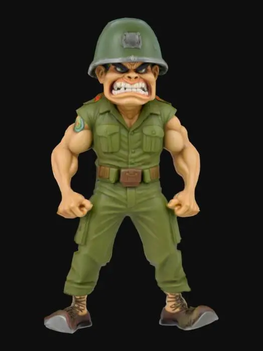 3D model for a highly detailed head and shoulders bust of an angry cartoon Viet Nam era U.S. marine wearing green kacki's and a steel pot helmet grinding his teeth 