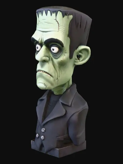 3D model for a highly detailed cartoon head and shoulders bust of the Frankenstein monster with scars on the head wearing a dirty black suit