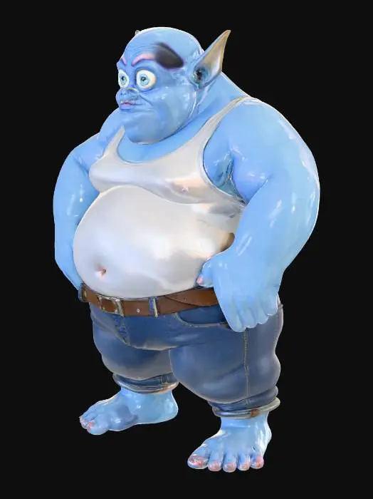3D model for A highly detailed short, fat, blue overweight alien wit a beer belly, thick arms, and very big eyes,  in an A pose wearing jeans and a tank top