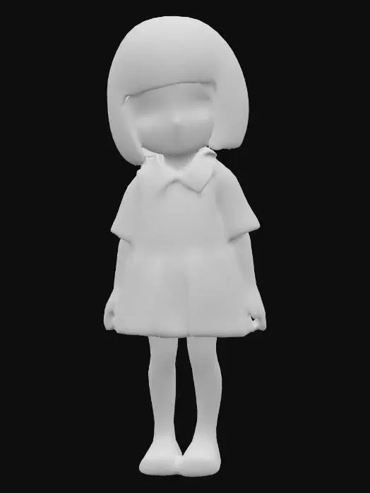 3D model for Japanese urban legend character "Hanako-san", young girl ghost, black bob haircut, straight bangs, pale skin, wearing white shirt and red jumper dress (pinafore), standing in old Japanese school bathroom, creepy atmosphere, horror style, detailed facial features, traditional Japanese school uniform, vintage 1950s style clothing, supernatural lighting, eerie shadows, old ceramic tiles background, 3D model, high quality, detailed textures