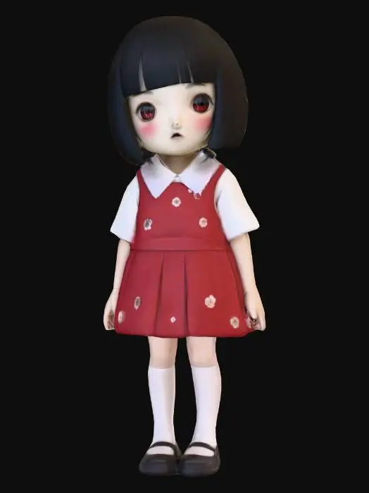 3D model for Japanese urban legend character "Hanako-san", young girl ghost, black bob haircut, straight bangs, pale skin, wearing white shirt and red jumper dress (pinafore), standing in old Japanese school bathroom, creepy atmosphere, horror style, detailed facial features, traditional Japanese school uniform, vintage 1950s style clothing, supernatural lighting, eerie shadows, old ceramic tiles background, 3D model, high quality, detailed textures