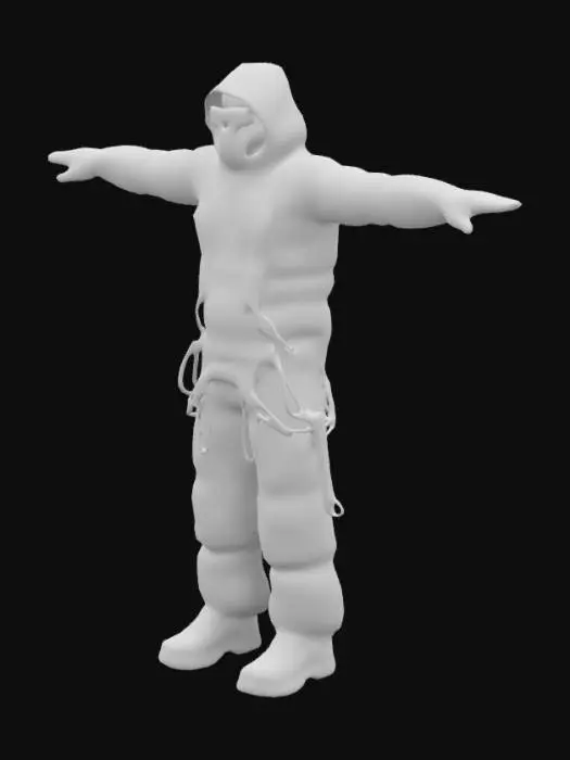 3D model for Create a realistic 3D mountain climber character in T-Pose wearing a thick red suit equipped with a blue harness and climbing accessories like ropes. He wears an oxygen mask, tinted goggles and mountaineering boots with yellow and black crampons. 