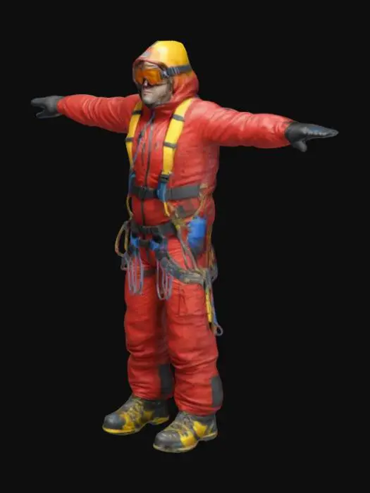 3D model for Create a realistic 3D mountain climber character in T-Pose wearing a thick red suit equipped with a blue harness and climbing accessories like ropes. He wears an oxygen mask, tinted goggles and mountaineering boots with yellow and black crampons. 