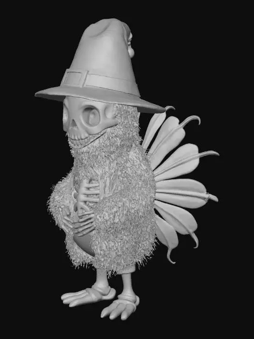 3D model for Crippo-Giving — A tiny creepy-cute skeleton mascot (Crippolo), in full Thanksgiving pilgrim style.
Small rounded proportions, big expressive eyes, skull head, tiny ribcage body.
Wearing a soft pilgrim hat with a crooked brim and a golden buckle.
Holding a giant turkey feather like a banner, with carved runes along the spine of the feather (dark-cute style).
In the other hand a mini pumpkin basket overflowing with magical glowing crumbs.
Feet slightly inward, cute stance.
Style: dark-cute, handmade resin-toy look, soft details but clear silhouette, no textures too noisy.
Lighting soft and even, no background.
Thanksgiving themed.