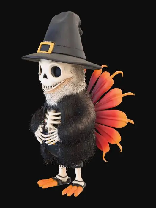 3D model for Crippo-Giving — A tiny creepy-cute skeleton mascot (Crippolo), in full Thanksgiving pilgrim style.
Small rounded proportions, big expressive eyes, skull head, tiny ribcage body.
Wearing a soft pilgrim hat with a crooked brim and a golden buckle.
Holding a giant turkey feather like a banner, with carved runes along the spine of the feather (dark-cute style).
In the other hand a mini pumpkin basket overflowing with magical glowing crumbs.
Feet slightly inward, cute stance.
Style: dark-cute, handmade resin-toy look, soft details but clear silhouette, no textures too noisy.
Lighting soft and even, no background.
Thanksgiving themed.