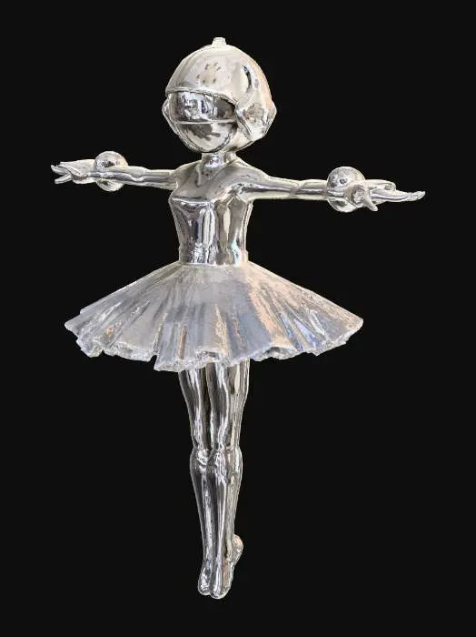 3D model for A dancing ballerina standing en pointe on a circular base, wearing a classical tutu like a soft layered ballet skirt. Replace the head with a glossy astronaut helmet (round, reflective visor). The ballerina’s pose must be elegant, arms raised forming an arc above the head. Surround the ballerina with planets arranged like a miniature solar system, with clean orbital rings around her. Planets must not exceed the ballerina’s height. Orbits should be clean and slightly layered in depth. Style: elegant, cosmic, dark-ink silhouette with clear edges and solid geometry. The entire model must be a single clean mesh, no floating parts, printable, watertight, optimized for Blender sculpting and subdivision.