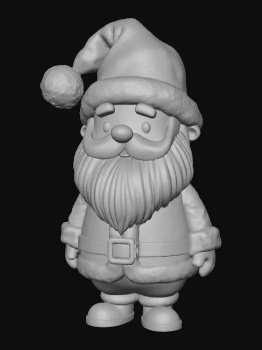 3D model for Babbo Natale cartoon morbido e pupazzoso, stile chibi. Corpo basso e tondeggiante, proporzioni kawaii. Cappello rosso morbido con pon-pon bianco, barba lunga soffice bianca, volto dolce e semplice (io poi lo sostituisco). Vestito rosso classico con cintura nera e fibbia dorata. Mani guantate, stivali neri corti. Sacco dei regali sulle spalle. Stile designer toy, superfici lisce, nessun dettaglio affilato. Posa neutrale in piedi, modellazione pulita e simmetrica.