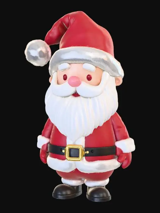 3D model for Babbo Natale cartoon morbido e pupazzoso, stile chibi. Corpo basso e tondeggiante, proporzioni kawaii. Cappello rosso morbido con pon-pon bianco, barba lunga soffice bianca, volto dolce e semplice (io poi lo sostituisco). Vestito rosso classico con cintura nera e fibbia dorata. Mani guantate, stivali neri corti. Sacco dei regali sulle spalle. Stile designer toy, superfici lisce, nessun dettaglio affilato. Posa neutrale in piedi, modellazione pulita e simmetrica.