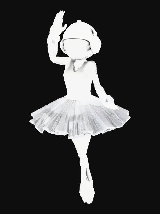 3D model for A dancing ballerina standing en pointe on a circular base, wearing a classical tutu like a soft layered ballet skirt. Replace the head with a glossy astronaut helmet (round, reflective visor). The ballerina’s pose must be elegant, arms raised forming an arc above the head. Surround the ballerina with planets arranged like a miniature solar system, with clean orbital rings around her. Planets must not exceed the ballerina’s height. Orbits should be clean and slightly layered in depth. Style: elegant, cosmic, dark-ink silhouette with clear edges and solid geometry. The entire model must be a single clean mesh, no floating parts, printable, watertight, optimized for Blender sculpting and subdivision.