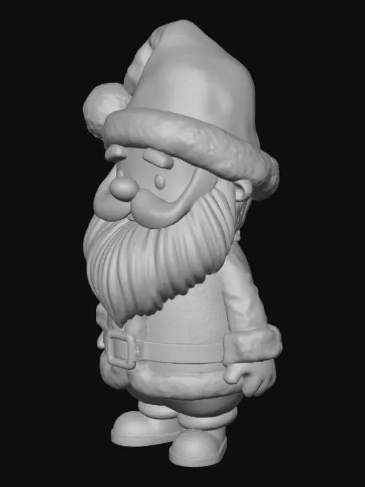 3D model for Babbo Natale cartoon morbido e pupazzoso, stile chibi. Corpo basso e tondeggiante, proporzioni kawaii. Cappello rosso morbido con pon-pon bianco, barba lunga soffice bianca, volto dolce e semplice (io poi lo sostituisco). Vestito rosso classico con cintura nera e fibbia dorata. Mani guantate, stivali neri corti. Sacco dei regali sulle spalle. Stile designer toy, superfici lisce, nessun dettaglio affilato. Posa neutrale in piedi, modellazione pulita e simmetrica.