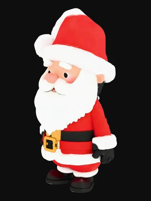 3D model for Babbo Natale cartoon morbido e pupazzoso, stile chibi. Corpo basso e tondeggiante, proporzioni kawaii. Cappello rosso morbido con pon-pon bianco, barba lunga soffice bianca, volto dolce e semplice (io poi lo sostituisco). Vestito rosso classico con cintura nera e fibbia dorata. Mani guantate, stivali neri corti. Sacco dei regali sulle spalle. Stile designer toy, superfici lisce, nessun dettaglio affilato. Posa neutrale in piedi, modellazione pulita e simmetrica.