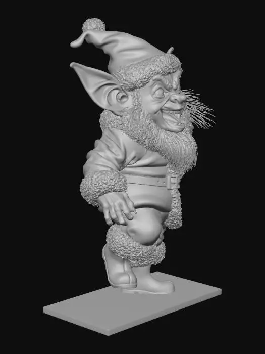 3D model for Evil gremlin creature, imp-like monster, LABUBU / gremlin aesthetic, small chaotic creature with oversized head and short chunky body, sharp pointed ears, wide mischievous grin with small sharp teeth, expressive evil eyes.

The creature is wearing a red Christmas costume inspired by Santa, clearly a disguise: oversized red coat with fluffy trim, Santa-style hat tilted sideways, fake messy white beard attached to the costume.

This is NOT Santa Claus, this is a gremlin dressed as Santa.

Pose: hopping on one foot, body leaning forward, both hands raised, fingers spread, energetic and unbalanced pose, playful but evil attitude.

Dark cute art toy style, vinyl toy proportions, smooth sculptable surfaces, simplified anatomy, no thin parts.

Designed for 3D printing, watertight mesh, solid volu