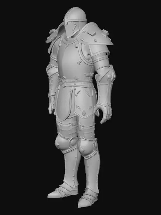 3D model for empty full plate armor, no body inside, hollow interior, medieval style. Armor made of clearly separated parts: helmet, breastplate, backplate, pauldrons, vambraces, gauntlets, cuisses, greaves, sabatons. Clean hard surfaces, thick plates, minimal decoration. No cloth, no straps, no chains, no symbols. Neutral symmetrical pose, arms slightly away from body, legs straight. Designed as modular pieces, not fused together. Solid volumes, clean topology, suitable for sculpting, boolean operations and filling. Neutral lighting, no background.