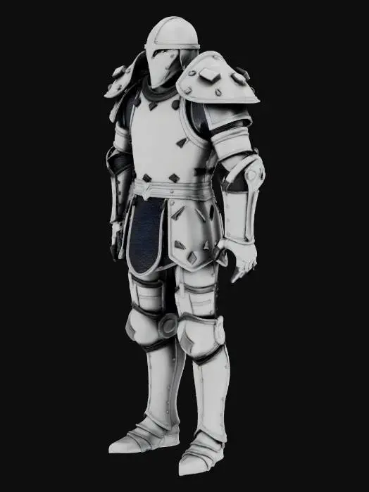 3D model for empty full plate armor, no body inside, hollow interior, medieval style. Armor made of clearly separated parts: helmet, breastplate, backplate, pauldrons, vambraces, gauntlets, cuisses, greaves, sabatons. Clean hard surfaces, thick plates, minimal decoration. No cloth, no straps, no chains, no symbols. Neutral symmetrical pose, arms slightly away from body, legs straight. Designed as modular pieces, not fused together. Solid volumes, clean topology, suitable for sculpting, boolean operations and filling. Neutral lighting, no background.