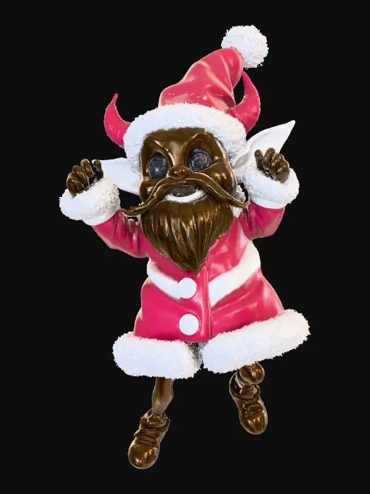3D model for A dark-cute LABUBU style character, small chubby body, oversized head, mischievous imp-like creature, half devil half Santa Claus, jumping on one foot with both hands raised playfully, dynamic pose, joyful but slightly evil expression.
Big expressive eyes, tiny sharp teeth visible in a grin, soft rounded shapes, vinyl art toy proportions.
Wearing a Santa Claus outfit: red coat slightly oversized, fluffy white trim, Santa hat tilted to one side, long fluffy beard, small devil horns subtly emerging from the hat.
Short legs, tiny feet, toy-like anatomy, smooth sculptable surfaces.
Dark cute aesthetic, creepy-cute, pastel red and bone-white color palette, matte material look, no realism.
Designed as a collectible art toy, clean silhouette, readable shapes, suitable for 3D sculpting in Blender,