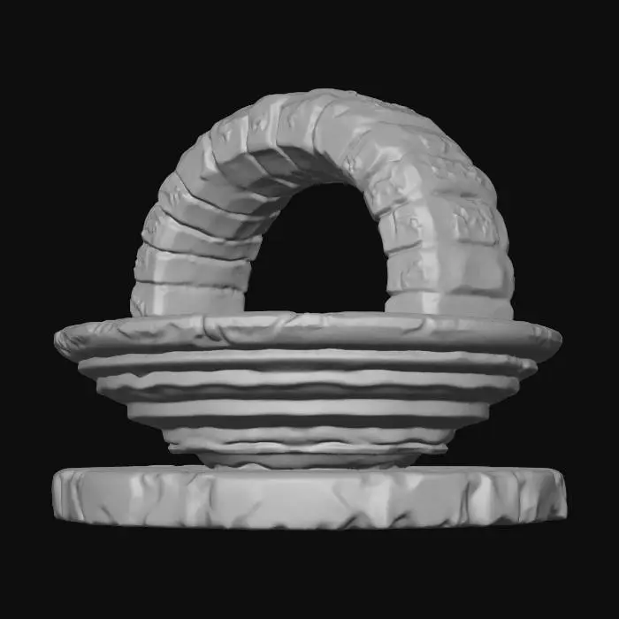 3D model for Zodiac sign Aquarius relief sculpture,
ancient water vessel almost upside down,
vessel suspended in space, not touching any surface,
supported only by flowing water,
water emerging forcefully and expanding into wave-like ripples,
cascading streams transforming into soft concentric undulations,
dynamic downward motion, gravity-defying balance,
sculptural bas-relief, not illustration, not scene,
no figures, no faces, no text,
clear central negative space,
smooth carved stone surfaces, rounded edges, subtle erosion,
clean topology, no background plane, no frame,
monochrome matte material.