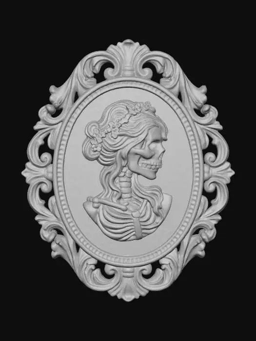 3D model for A Victorian gothic 3D cameo, depicting a detailed skeletal bust with flowing, sculpted hair and delicate floral accents, rendered in a polished off-white resin. The figure stands out against a deep, rich burgundy velvet texture. An elaborate, dark charcoal-black frame with intricate decorative carvings encircles the oval composition, providing a stark contrast. The overall piece has a dramatic, slightly shadowed appearance, emphasizing its carved contours.