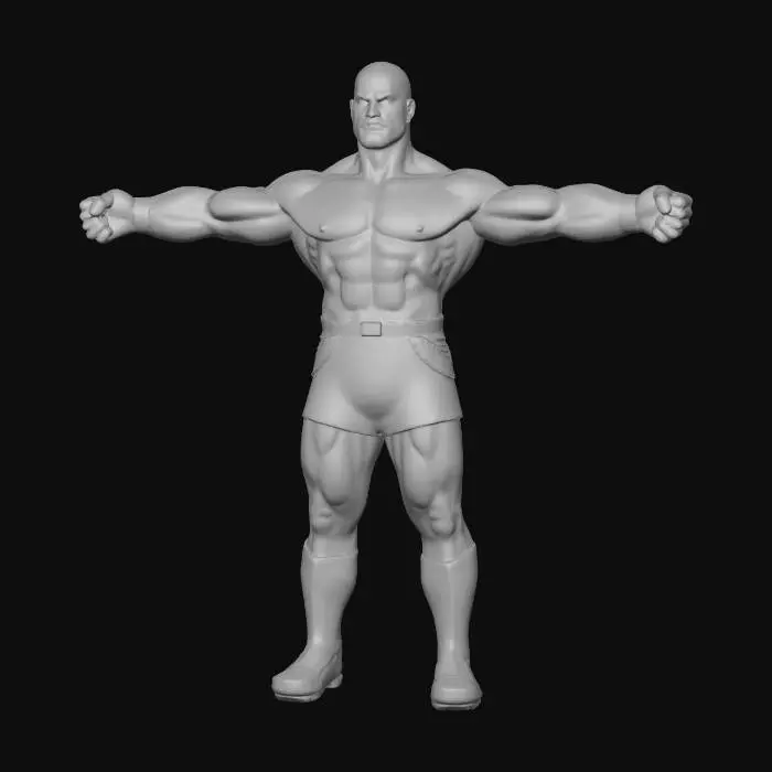 3D model for A stylized 3D character model of a bald brawler man, standing in a rigid T-pose with arms straight out to the sides. He is shirtless, revealing a chunky, highly muscular build with oversized bare fists, wearing only simple stylized brown trousers. Rendered in the distinct art style of Clash Royale and Supercell. Smooth vinyl toy texture, clay render finish, soft studio lighting, clean gradient background. Full body view, 4k.