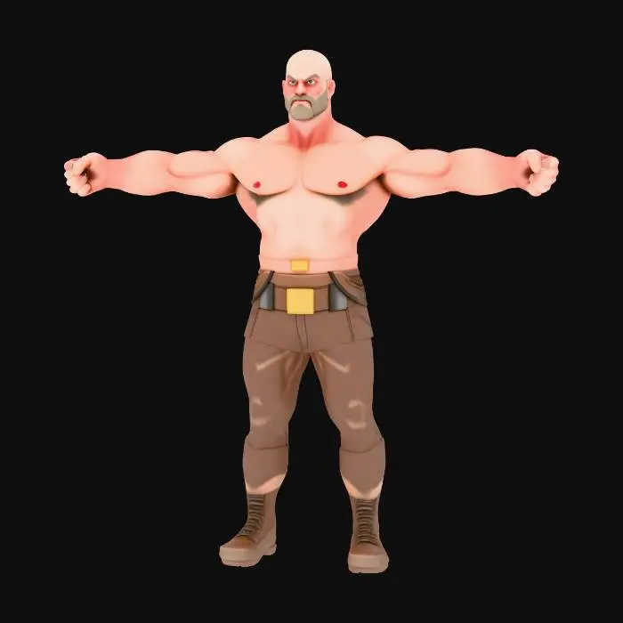 3D model for A stylized 3D character model of a bald brawler man, standing in a rigid T-pose with arms straight out to the sides. He is shirtless, revealing a chunky, highly muscular build with oversized bare fists, wearing only simple stylized brown trousers. Rendered in the distinct art style of Clash Royale and Supercell. Smooth vinyl toy texture, clay render finish, soft studio lighting, clean gradient background. Full body view, 4k.
