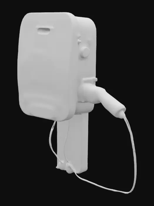 3D model for A wall-mountable EV charger with a smooth, white, rounded rectangular body (365x215x125mm). A thin blue accent line runs along the edge. The front features a contactless payment symbol (left of center), a blue rectangular display (top center), "EV Charger" text below it, and a dark label "NexEV solutions" (with "EV" in light blue) near the bottom. On the right side, a red emergency stop button protrudes. A thick black charging cable exits from the bottom, ending in a black charging gun attached to the lower side. Modern, minimalistic design; exclude the supporting black pole