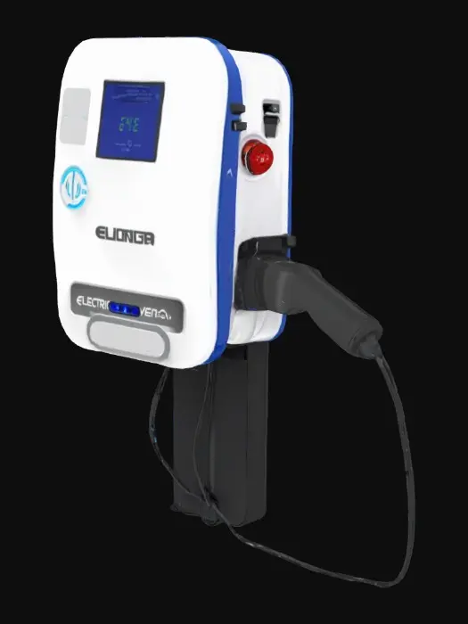 3D model for A wall-mountable EV charger with a smooth, white, rounded rectangular body (365x215x125mm). A thin blue accent line runs along the edge. The front features a contactless payment symbol (left of center), a blue rectangular display (top center), "EV Charger" text below it, and a dark label "NexEV solutions" (with "EV" in light blue) near the bottom. On the right side, a red emergency stop button protrudes. A thick black charging cable exits from the bottom, ending in a black charging gun attached to the lower side. Modern, minimalistic design; exclude the supporting black pole