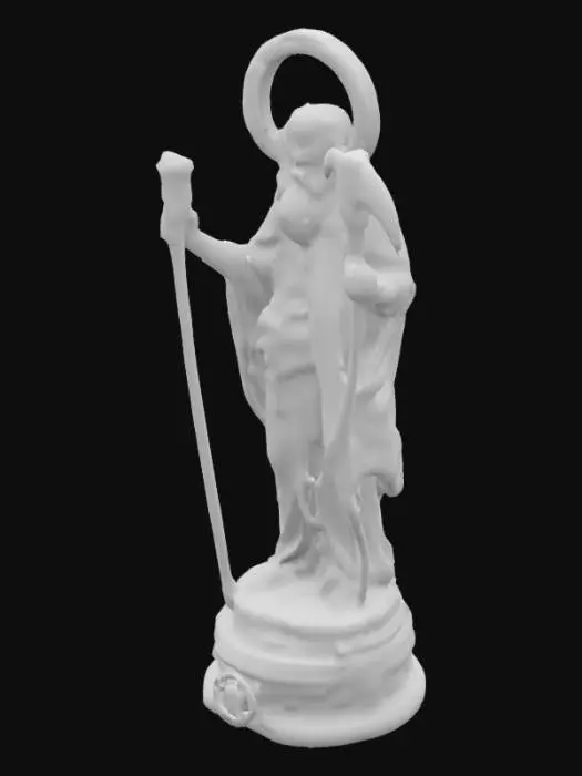 3D model for “A mystical, stylized statue of Saturn as an ancient cosmic figure. Cloaked in stone robes, holding a scythe and an hourglass, with planetary rings floating behind his head like a halo. Base of the statue inscribed with alchemical symbols. Design is compact, with no overhangs, ideal for 3D printing. Sculpture made of smooth carved stone, ornamental yet clean, symmetrical and balanced. Magical, esoteric, celestial and timeless