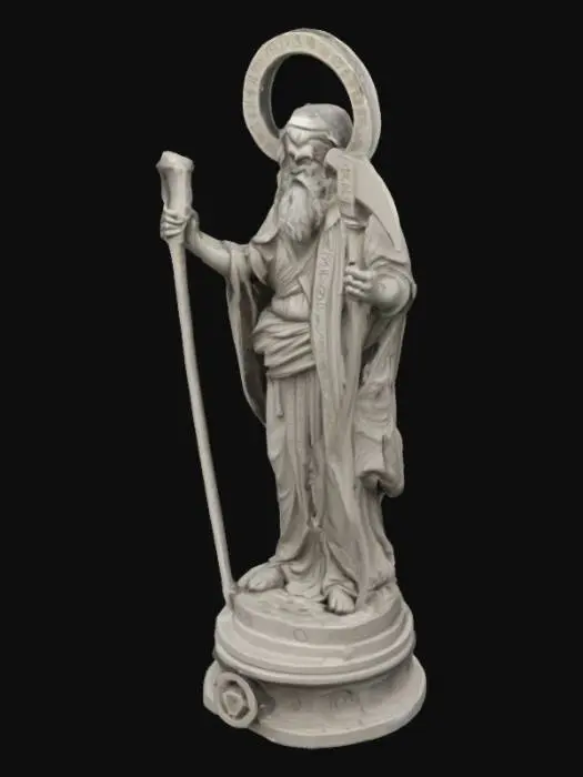 3D model for “A mystical, stylized statue of Saturn as an ancient cosmic figure. Cloaked in stone robes, holding a scythe and an hourglass, with planetary rings floating behind his head like a halo. Base of the statue inscribed with alchemical symbols. Design is compact, with no overhangs, ideal for 3D printing. Sculpture made of smooth carved stone, ornamental yet clean, symmetrical and balanced. Magical, esoteric, celestial and timeless