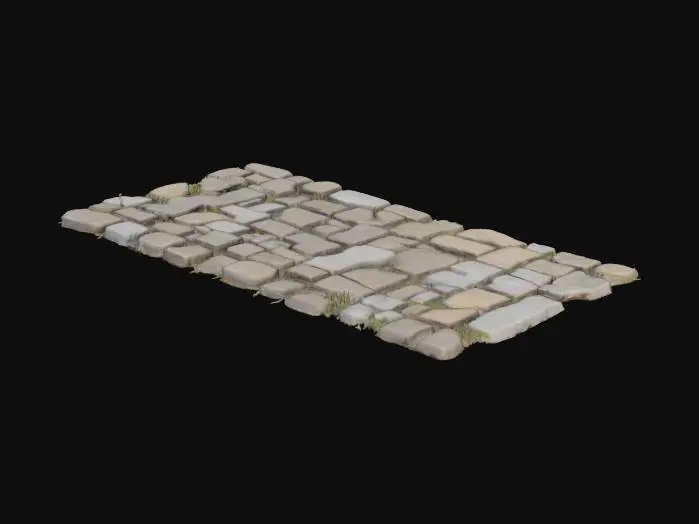 3D model for Cobblestone road section, uneven stones, dirt between, PBR, quad mesh, UV mapped, GLB

