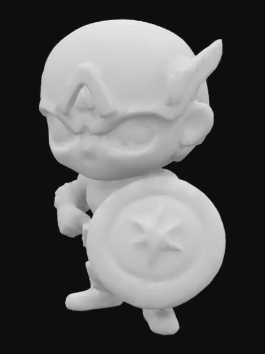 3D model for Captain America. Muscular body. Menacing expression. Chibi art style. Well-proportioned. Clearly defined features. Highly detailed. Highly stylized. Walls and features are at least 2mm thick. Bold, recessed features with a depth of at least 2mm. Sharp, clean lines. Embossed features to rise at least 2mm above the surface. DND.