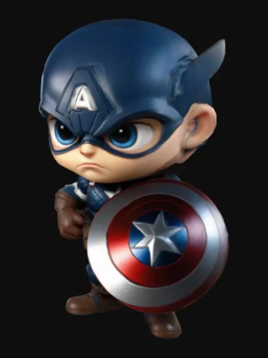3D model for Captain America. Muscular body. Menacing expression. Chibi art style. Well-proportioned. Clearly defined features. Highly detailed. Highly stylized. Walls and features are at least 2mm thick. Bold, recessed features with a depth of at least 2mm. Sharp, clean lines. Embossed features to rise at least 2mm above the surface. DND.