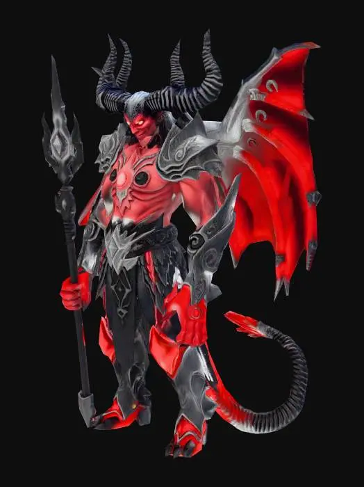 3D model for Create a BOSS VERSION called "Demon Lord" or "Arch Demon".
Characteristics:
- Massive demonic entity, 3+ meters tall
- Very dark red/crimson skin
- Large curved horns (intimidating)
- Multiple eyes or glowing marks
- Wears ornate dark armor/robes
- Wields a massive weapon or staff
- Dark energy/aura very prominent
- Very menacing and powerful
- realistic but impressive
- Anime/dark fantasy style
- Ultimate evil appearance
- with weapon