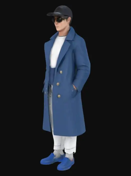 3D model for Male character with black cap and black sunglass in chest with blue coat and white long pant with blue shoe. The eyes will be red
