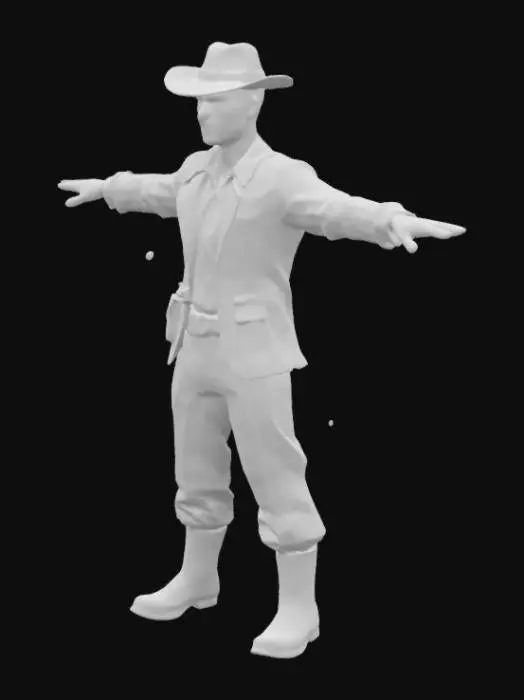 3D model for A highly detailed 3D model of an adventurous archaeologist in a T-pose. He wears a brown leather jacket, beige shirt, rugged pants, and sturdy boots. A wide-brimmed fedora sits on his head, and a whip hangs from his belt. His face is rugged, with light stubble and determined eyes. The model has clean topology, realistic textures, and is optimized for rigging and animation. Designed for use in games or animations, with a neutral pose and balanced proportions