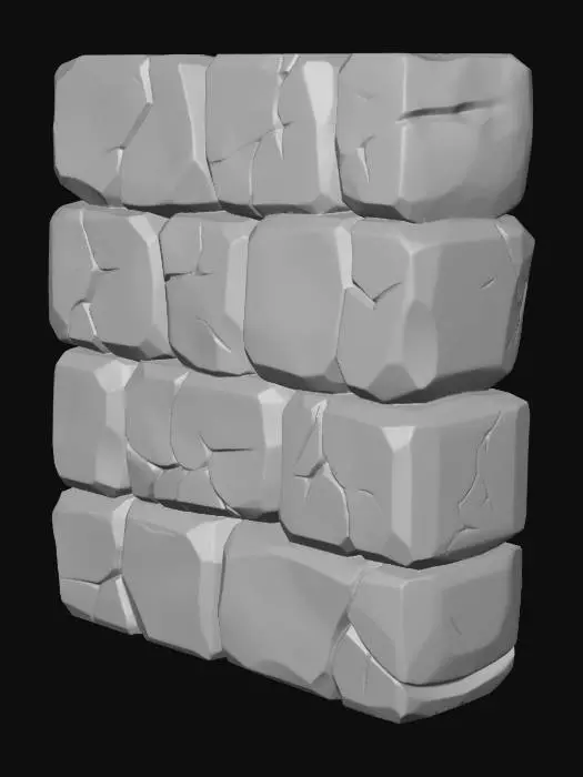 3D model for Cartoon ice wall, thick chunky ice blocks stacked together, 
light blue and cyan translucent ice, 
glossy shiny surface, toon style, 
cracks and fracture lines on surface, 
low poly mobile game asset, 
bold clean silhouette, no decorations, 
simple rectangular wall shape