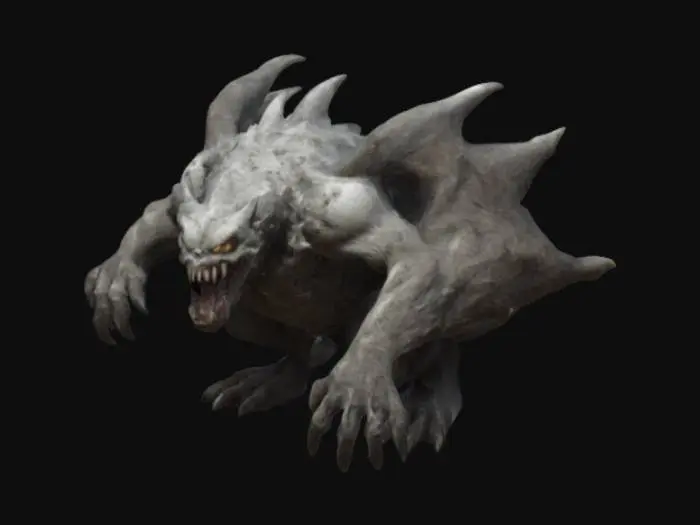 3D model for fantasy creature living underground, massive body covered with moon-like craters, standing on massive limbs, large paws tipped with claws, open mouth full of gleaming fangs, on the attack, paws extended in front, extremely detailed, high-resolution texture, epic stance