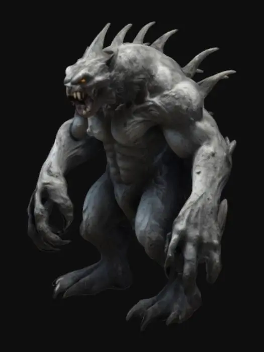 3D model for fantasy creature living underground, massive body covered with moon-like craters, standing on massive limbs, large paws tipped with claws, open mouth full of gleaming fangs, on the attack, paws extended in front, extremely detailed, high-resolution texture, epic stance